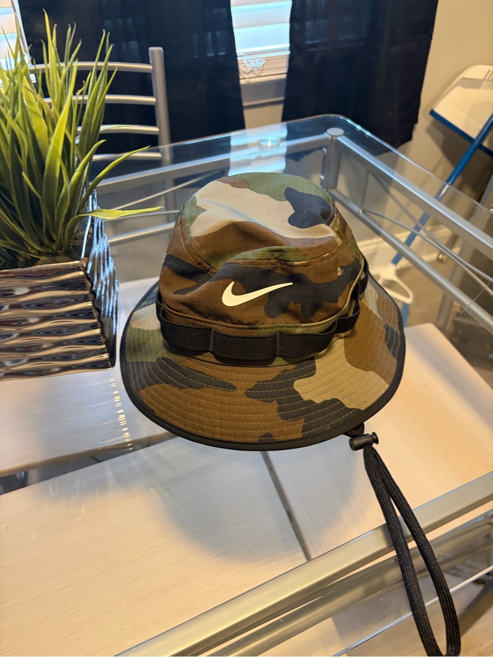 Nike Green and Brown Camo Bucket Hat with Chin Strap